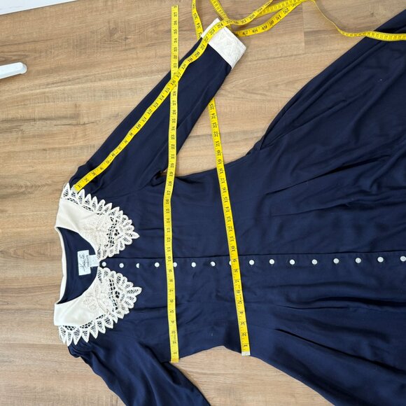Vintage Navy Maxi Dress Lace Statement Collar Long Sleeve Modest Victorian L - Picture 9 of 13